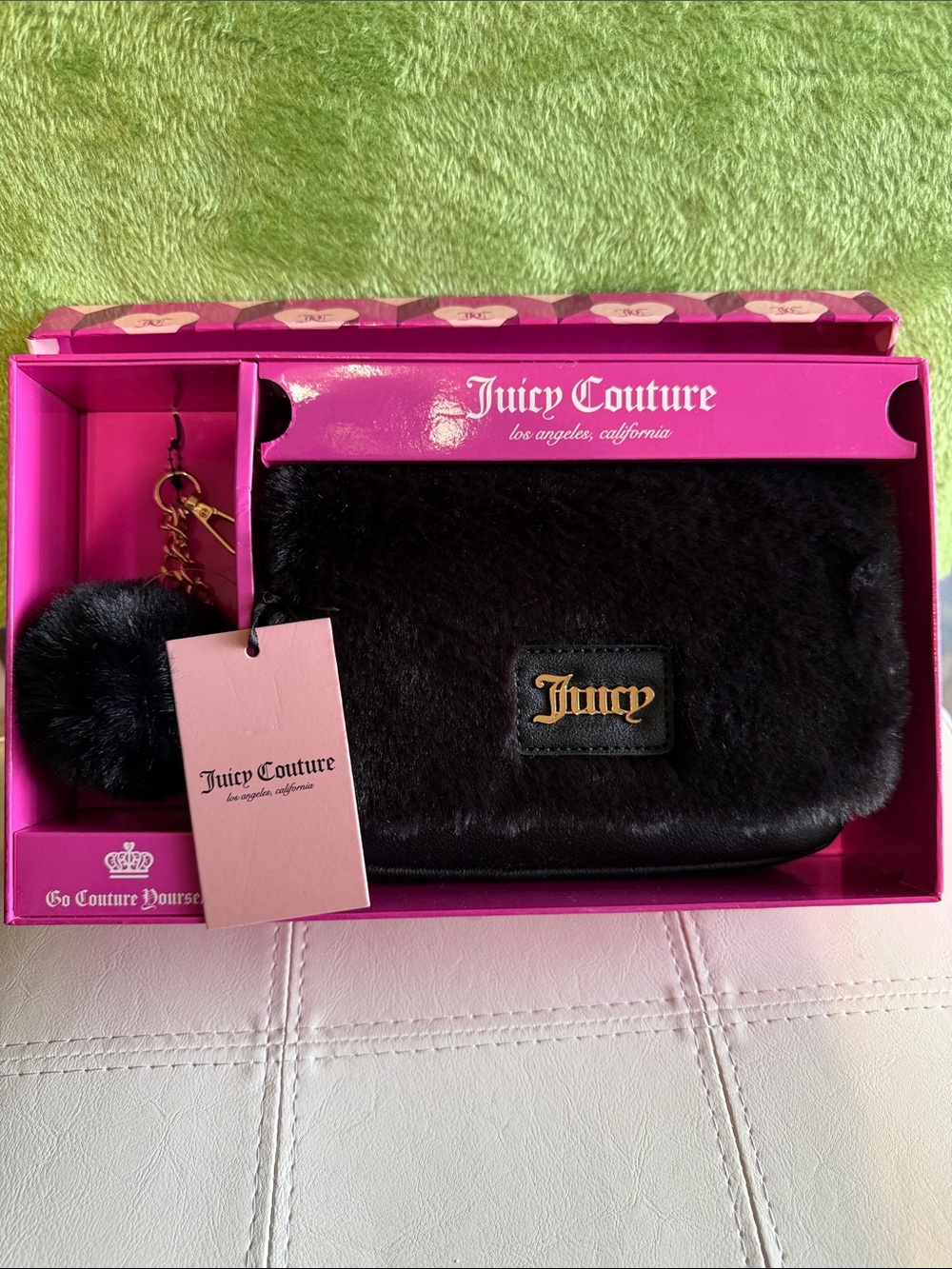 Juicy Couture Black Faux Fur Cosmetic Pouch with Gold Logo and Pom Charm